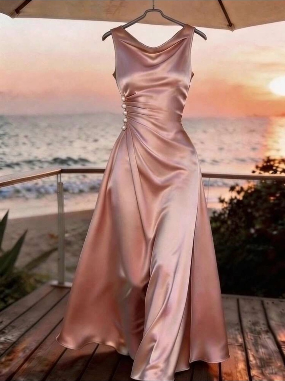 BRAND NEW! Elegant Rose Satin Evening Dress with Pearl Side Detail